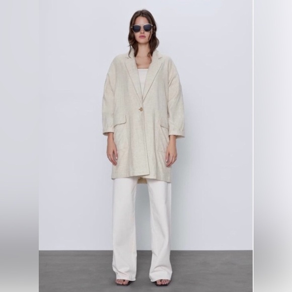 Zara Jackets & Blazers - Zara Linen Blend Long Blazer Coat Oatmeal Oversized Dolman Sleeve SKU351